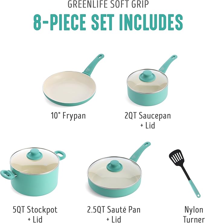 GreenLife 8 Piece Nonstick Cookware Set, Non-Toxic PFAS-Free Ceramic Pots & Pans, Dishwasher & Oven Safe, Frying, Sauce, Stock Pot, Glass Lids, Stay-Cool Handles, Wobble Free, Turquoise