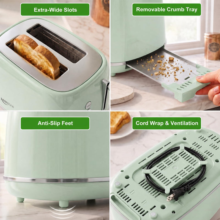 2 Slice Stainless Steel Toaster Retro with 6 Bread Shade Settings