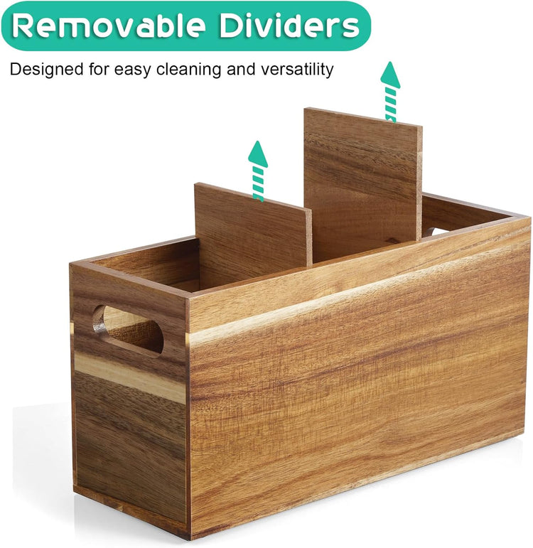 ALELION Acacia Wood Utensil Holder Organizer for Counter - Large Wooden Utensil Caddy for Countertop - 3 Compartment Cooking Tool Holder for Spatula - for Farmhouse Kitchen Decor and Accessories