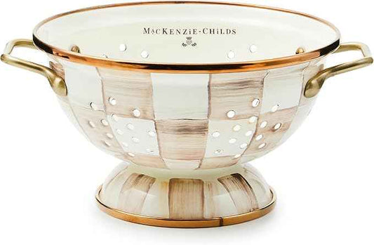 MACKENZIE-CHILDS Enamel Colander, Decorative Kitchen Strainer, Large, Brown-and-White Mocha Check