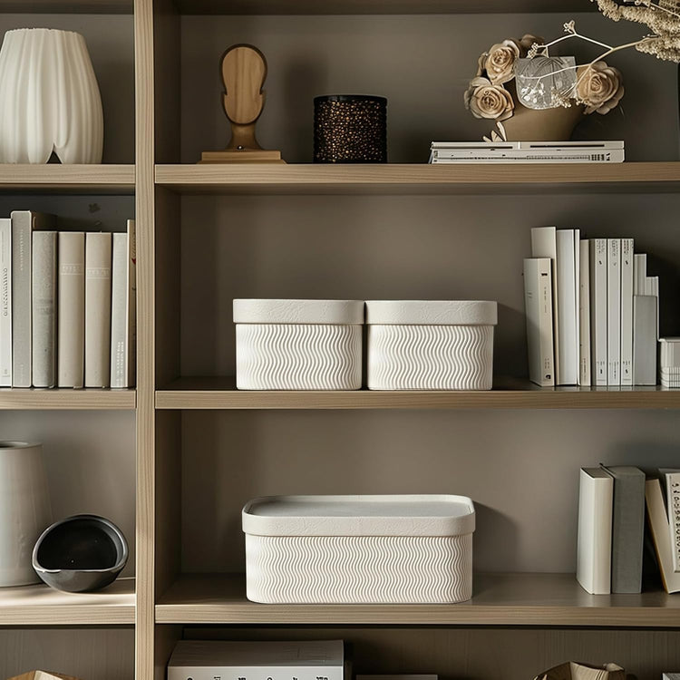LA JOLIE MUSE Fluted Cardboard Storage Baskets with Leather-Like Lids, Paper Boxes Decorative Tray, Modern Basket Organizer Bins for Organizing,Eggshell White