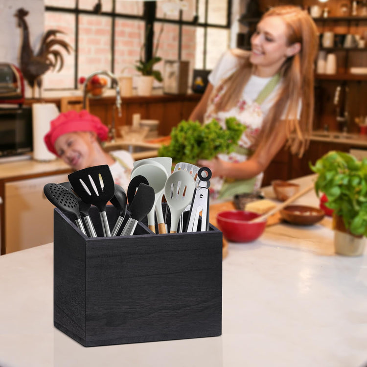 Wooden Kitchen Utensil Caddy With 2 Compartments