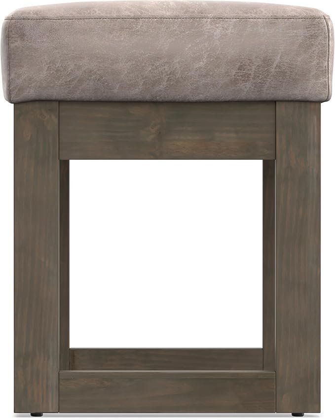 SIMPLIHOME Milltown Small Ottoman Bench - 27 inch Wide Upholstered Vegan Leather Rectangle Footstool Ottoman in Distressed Grey Taupe, Contemporary Bench for Bedroom with Cushioned Seat, Assembled