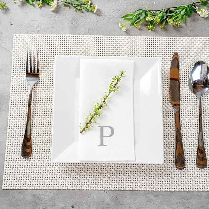 Luxenap 15.8 X 7.9 Inch Linen-Feel Guest Towels, 50 Lettered Hand Towels - Silver Letter 'P', Sans Serif Font, White Paper Dinner Napkins, airlaid, For Restrooms And Tables - Restaurantware