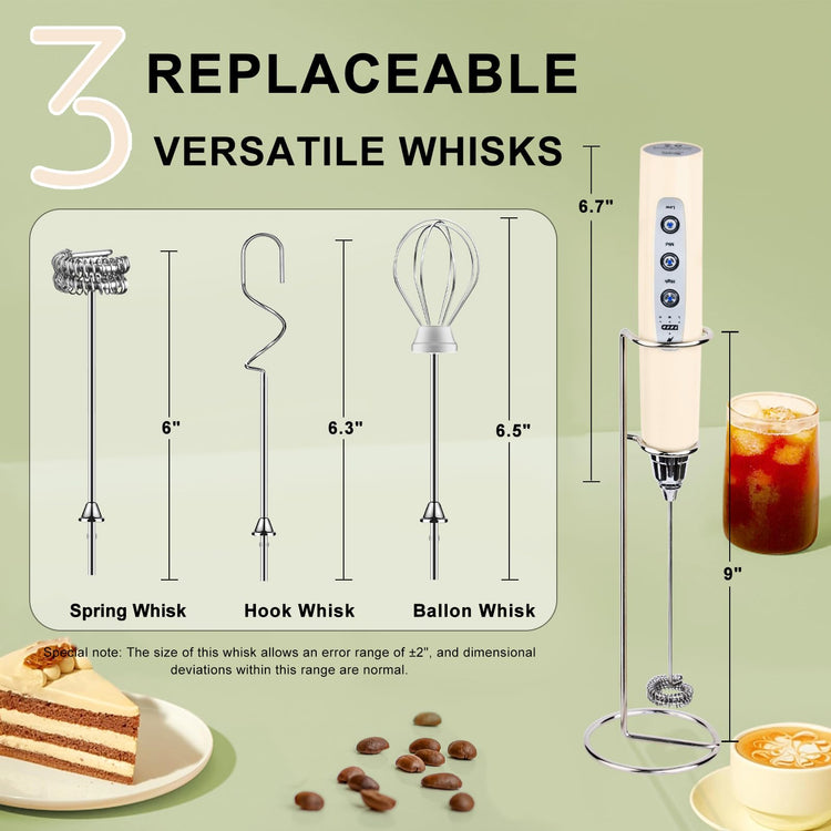 Beige Handheld Milk Frother Wand with Stand for Coffee