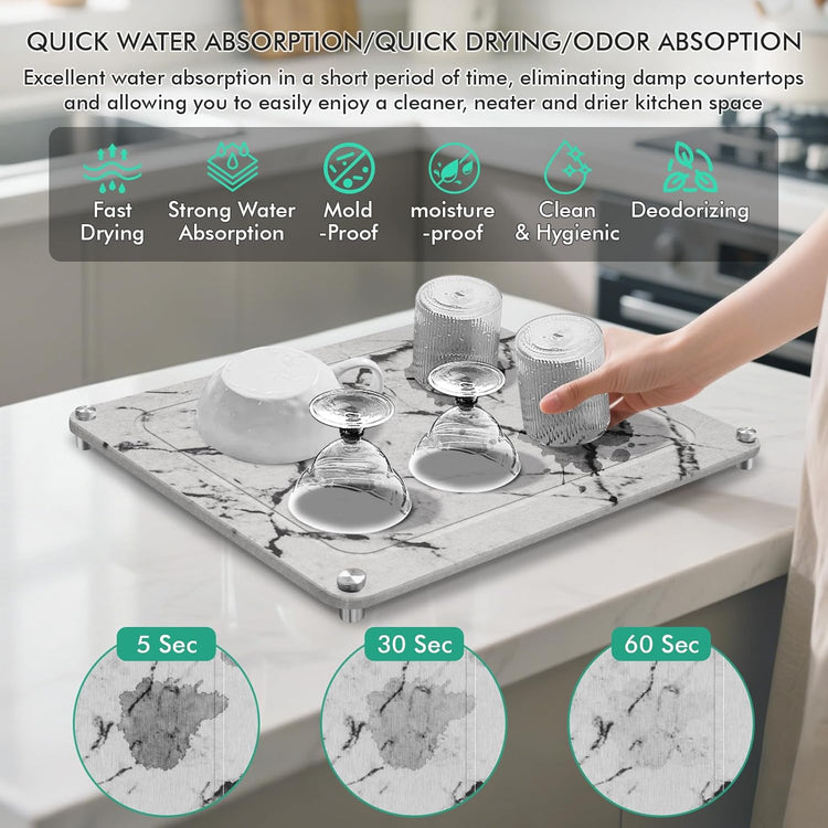 Stone Drying Mat For Kitchen Counter Superb Absorbent Diatomaceous Earth Mats with Non-Slip Feet Quick Dry Stone Dish Drying Pad Dish Pad Multi-Purpose(Marble-LightGray, 15.7" x 11.8")