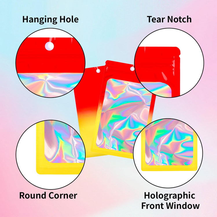 200 Pack Resealable Mylar Holographic Bags Food Storage Smell Proof Bags with Front Window Foil Packaging Pouch for Candy Sample Jewelry Small Business 4.72×7.87 Inch (200 Count)