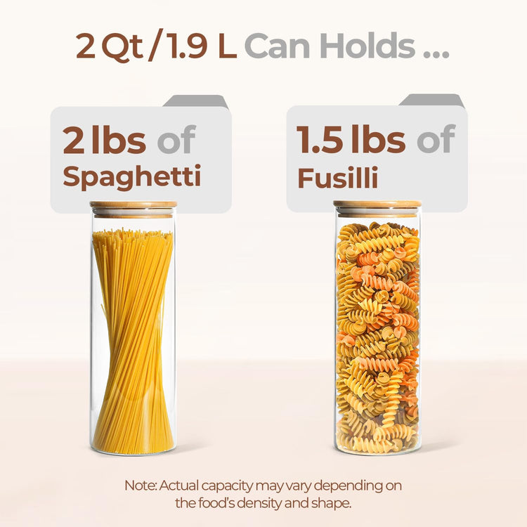 ComSaf Glass Spaghetti Pasta Storage Container with Lids 2 Qt Set of 3, Tall Clear Airtight Food Storage Jar with Wood Cover Kitchen Pantry Storage Container for Noodles Flour Cereal Coffee Beans