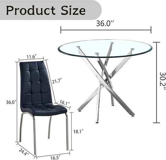5 Piece Round Glass Dining Table Set, Round Tempered Glass Kitchen Table Set for 4, Modern Table Set with 4 High-Back Upholstered Chairs for Kitchen Dining Room (Silver Legs, 4 Black Chairs)