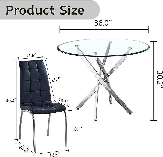 5 Piece Round Glass Dining Table Set, Round Tempered Glass Kitchen Table Set for 4, Modern Table Set with 4 High-Back Upholstered Chairs for Kitchen Dining Room (Silver Legs, 4 Black Chairs)