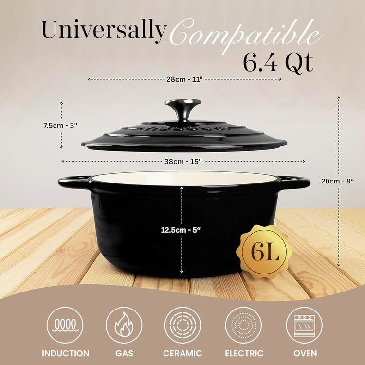 Nuovva Enamelled Cast Iron Dutch Oven Pot with Lid – 6.4 Quart Non Stick Casserole Pot – Heavy Duty & Oven Safe up to 500° F for Bread Baking, Braising, Stews, Roasting – 28cm Black - Nestoria