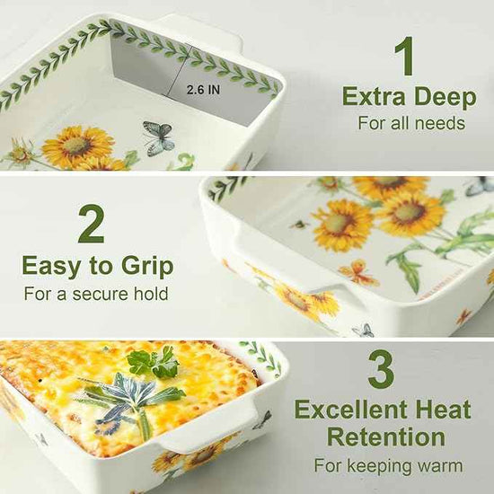 Ceramic Sunflower Baking Casserole Dish with Handles,Large 2 pieces 8x13 inch & 6x10 inch Lasagna Baking Dish and Middle Flower Andplant Baking Pan,Porcelain Serving Bakeware Set