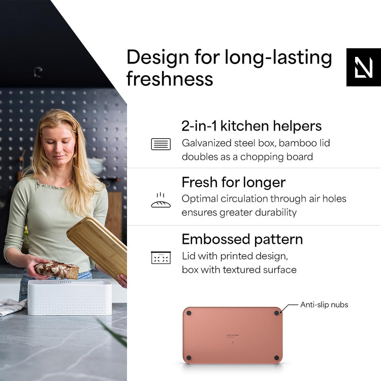 Bread Box I Metal Box for long lasting freshness I Bread Bin with bamboo lid usable as cutting board I 13.4x7.7x5.3In