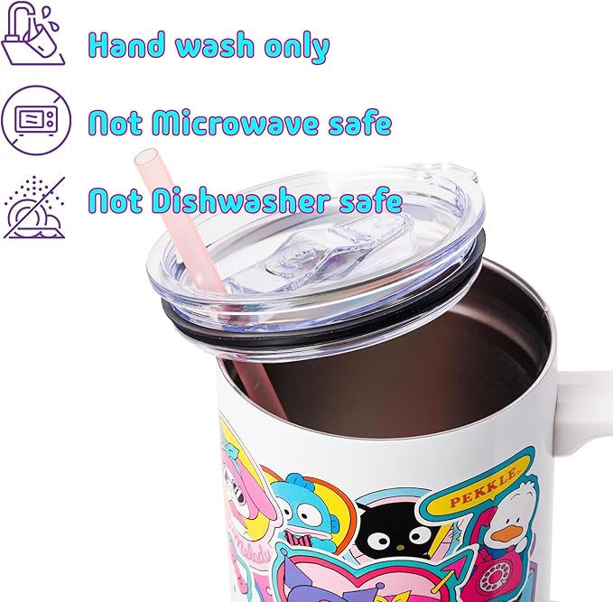 Silver Buffalo Sanrio Hello Kitty & Friends Cinnamoroll, Kuromi, Chococat, Badtz-Maru, Keroppi, Sticker Double Walled Stainless Steel Tumbler w Handle and Straw, Fits in Standard Cup Holder, 40 Ounces