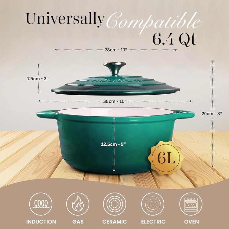 Nuovva Enamelled Cast Iron Dutch Oven Pot with Lid – 6.4 Quart Non Stick Casserole Pot – Heavy Duty & Oven Safe up to 500° F for Bread Baking, Braising, Stews, Roasting – 28cm Dark Green - Nestoria