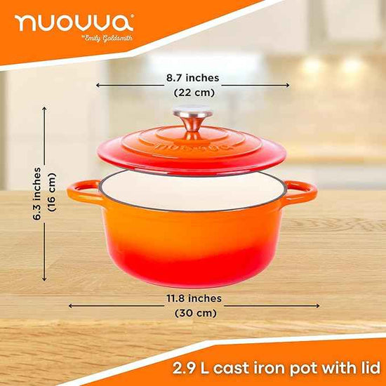Cast Iron Dutch Oven with Lid – Non-Stick Ovenproof Enamelled Casserole Pot – Sturdy Dutch Oven Cookware – Orange, 3.1-Quart, 22cm – by Nuovva