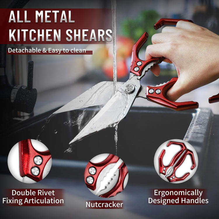 Heavy Duty Poultry Shears for Food with Red Ergonomic Handle