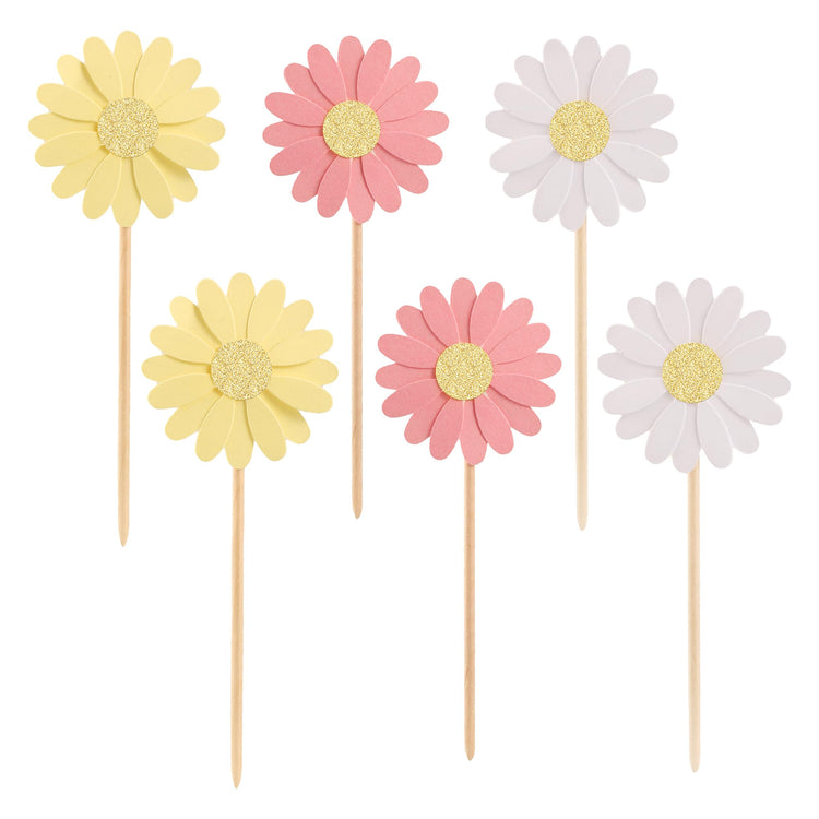 24Pcs Daisy Cupcake Toppers Glitter Flower Daisy Cake Decorations Chrysanthemum Cupcake Toppers Spring Daisy Flower Cake Picks for Birthday Wedding Supplies Multi 2 (24 Count)