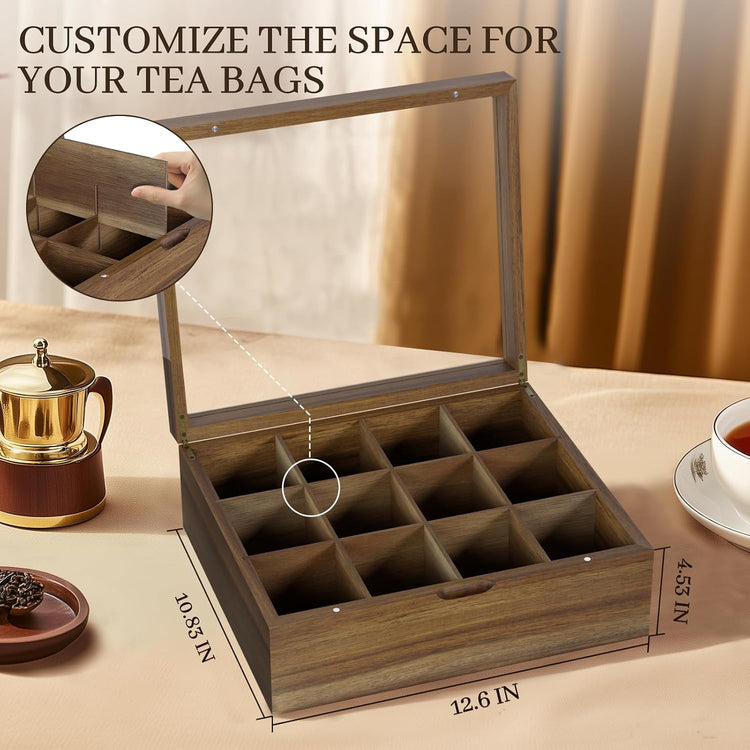 Acacia Wood Tea Bag Organizer, 12 Compartments Tea Box Organizer Storage Box, Teabag Holder Organizers with Clear Acrylic Window, Magnetic Lid and Removable Dividers
