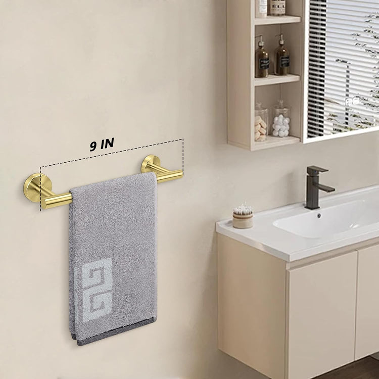 NearMoon Bath Towel Bar, Bath Accessories Thicken Stainless Steel Shower Towel Rack for Bathroom, Towel Holder Wall Mounted (1 Pack, Brushed Gold, 9 Inch)