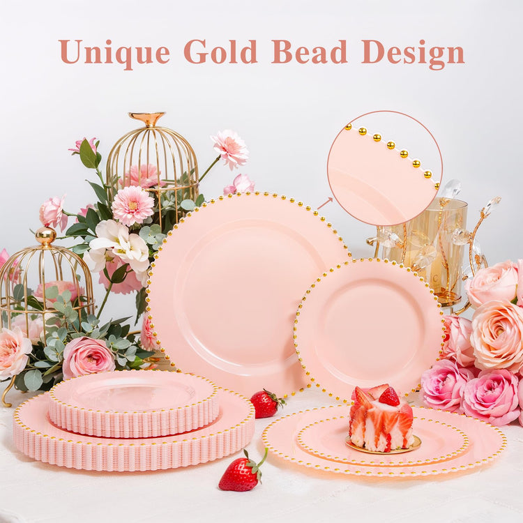 100pcs Pink Plastic Plates with Gold Beads Plastic Wedding Plates (100 Count)