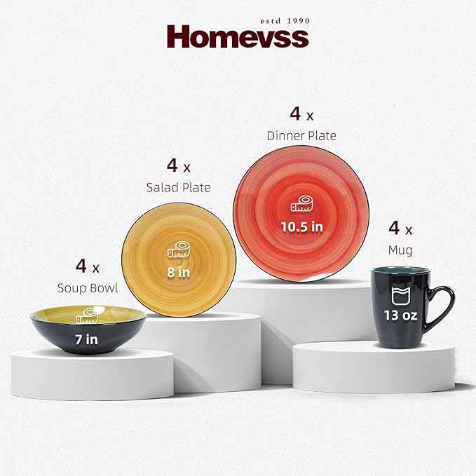 Stoneware Sonoma 16pc Dinnerware Set, Black + Speckled Spin Wash, Mix Blue, Green, Red, Yellow