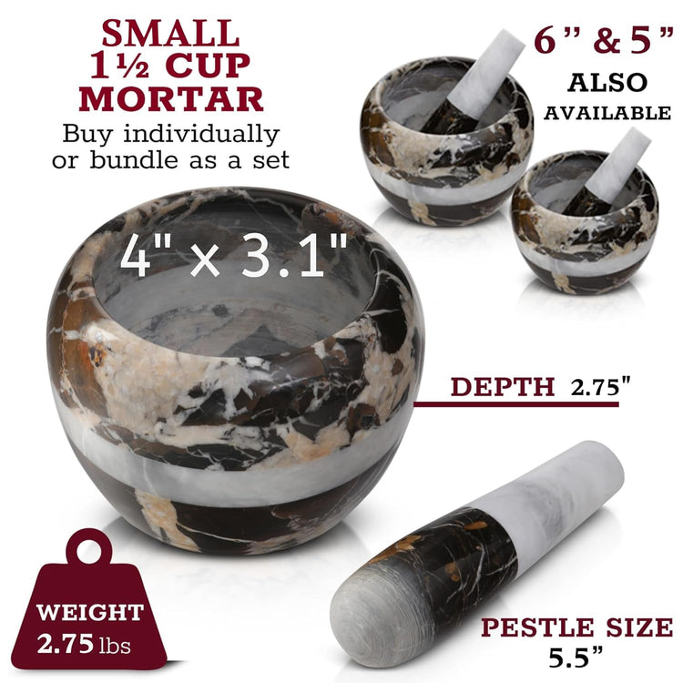Gusto Nostro Natural Marble Mortar and Pestle Set Small| 4 Inch - 1.5 Cup | Mini Mortar Pestle Set for Grinding Herbs, Nuts, Grains | Pesto Grinding and Guacamole Stone Bowl | Marble Spice Crusher