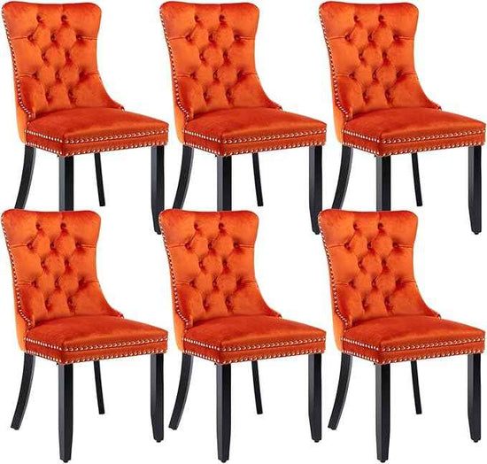 Velvet Dining Chairs Set of 6, Upholstered Dining Room Chairs with Back Ring Pull Trim and Solid Wood Legs,Tufted Wingback Kitchen Chair Perfect for Dining Room,Living Room,Kitchen(Orange)