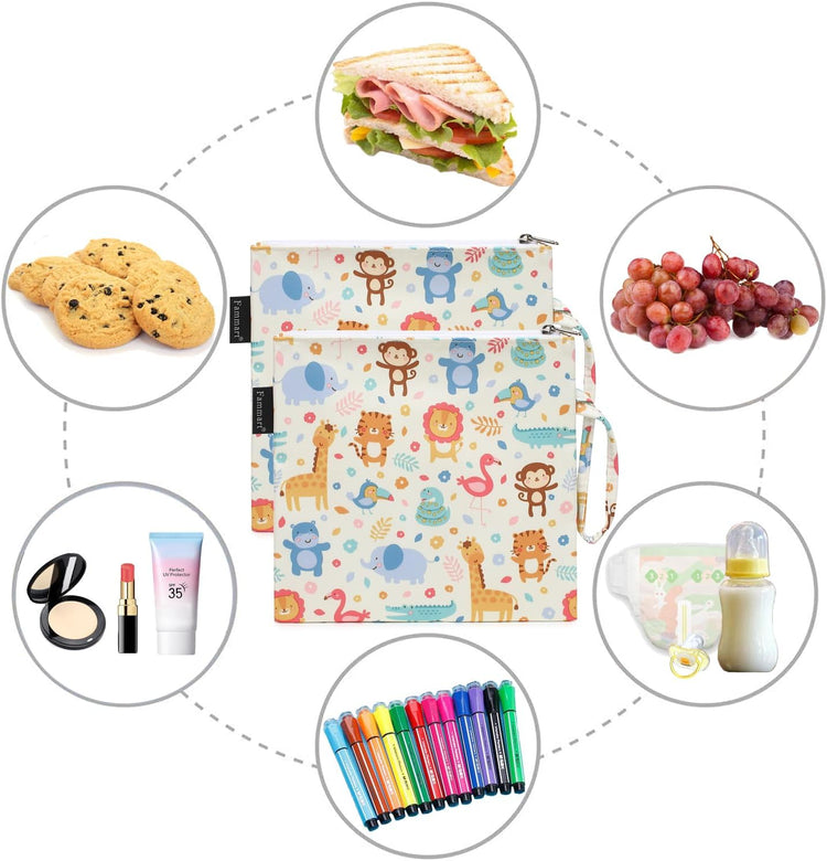 Reusable Sandwich Bag/Snack Bag for Kids & Adults, Dual Layer Lunch Bag with Handle, Washable, Food Safe, BPA Free (2-Pack, Zoo)