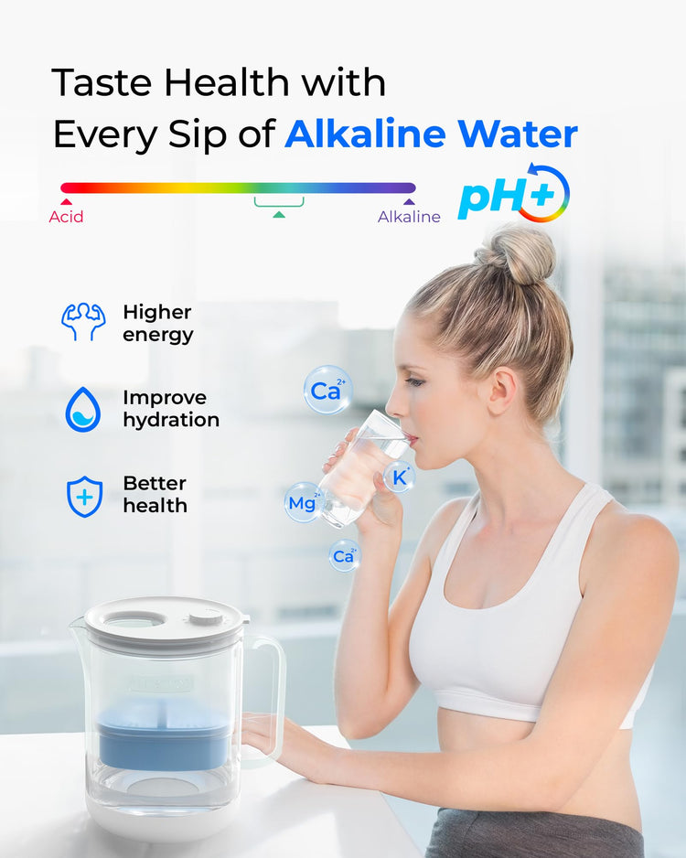 PT-72C-A Glass Alkaline Water Filter Pitcher, 7-Cup, Blue
