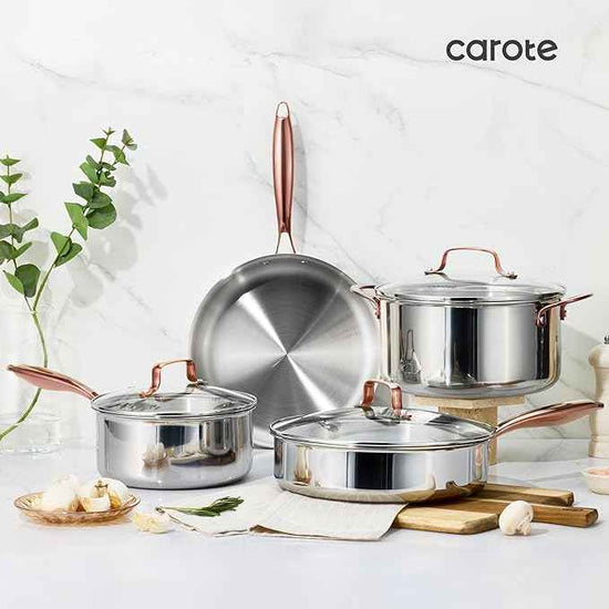 CAROTE 21pcs Tri-Ply Stainless Steel Cookware Set, Pots and Pans Set, Non Toxic Induction Kitchen Cooking Sets, Cookware Collection, Mirror Polish, Gold