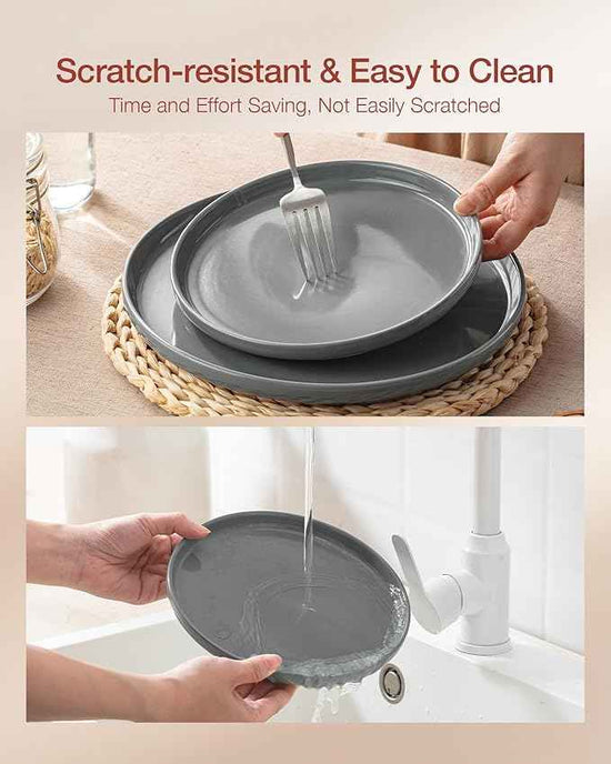 Famiware Milkyway Stoneware Dinnerware Sets with Mugs, Service for 4 (16pcs), Plates and Bowls Sets, Scratch Resistant, Microwave and Dishwasher Safe Dishes Set, Dark Gray