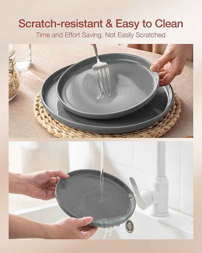 Famiware Milkyway Stoneware Dinnerware Sets with Mugs, Service for 4 (16pcs), Plates and Bowls Sets, Scratch Resistant, Microwave and Dishwasher Safe Dishes Set, Dark Gray