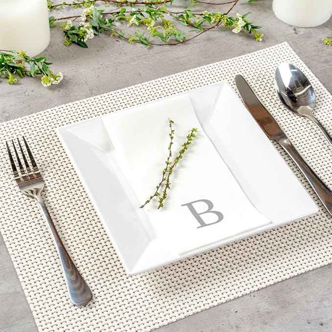 Luxenap 15.8 X 7.9 Inch Linen-Feel Guest Towels, 50 Lettered Hand Towels - Silver Letter 'B', Sans Serif Font, White Paper Dinner Napkins, airlaid, For Restrooms And Tables - Restaurantware