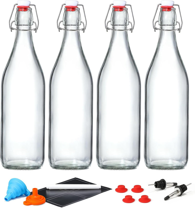 4 Pack [1 Liter / 33 fl. oz.] Swing Top Glass Bottles w/Airtight Stopper Lids – Flip Top Brewing Bottle for Fermentation, Kombucha, Mead, Vinegar, Beer, Kefir, Wine – With 4 Extra Seals & 2 Pourers