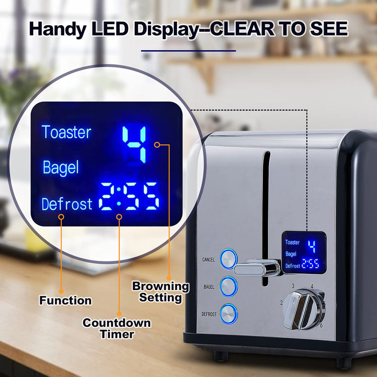 2 Slice Stainless Steel Toaster with Digital LED Display