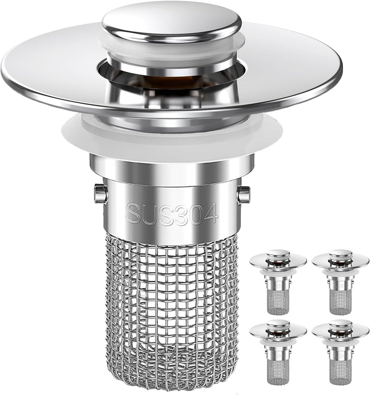 Sink Stopper Hair Catcher, Pop-up Sink Drain Strainer with Removable Stainless Steel Strainer Basket Hair Catcher, Bathroom Sink Strainer for Bathroom Sink Stopper Replacement (4PCS)