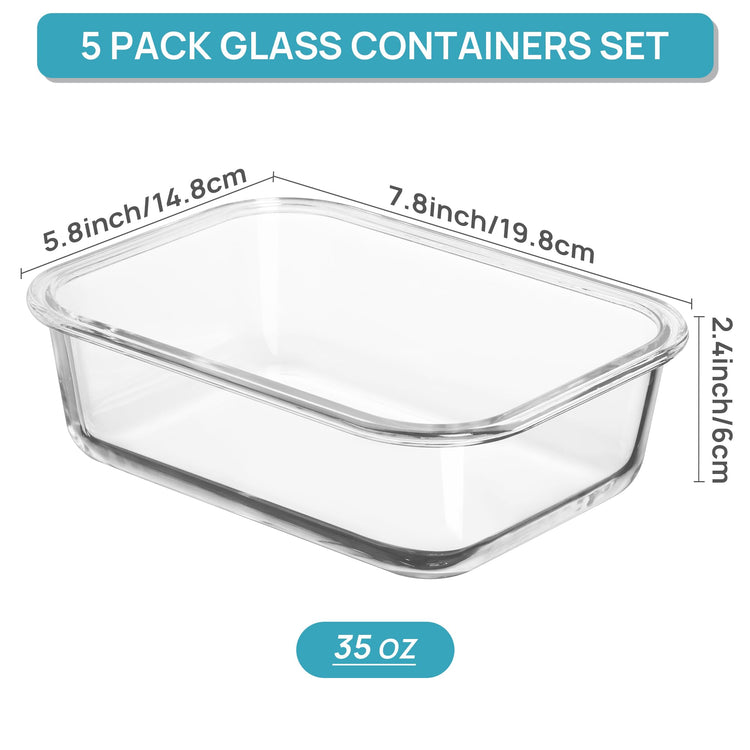 5 Pack 35oz Glass Food Storage Containers with Lids (5 Count)