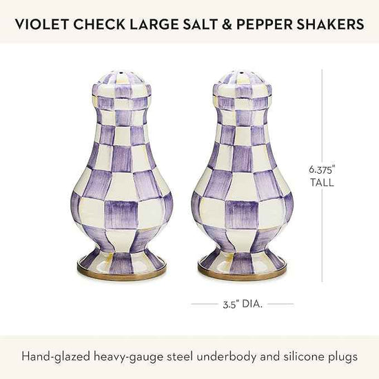 MACKENZIE-CHILDS Enamel Salt and Pepper Shakers, Kitchen Table Accessories, Large, Purple-and-White Violet Check