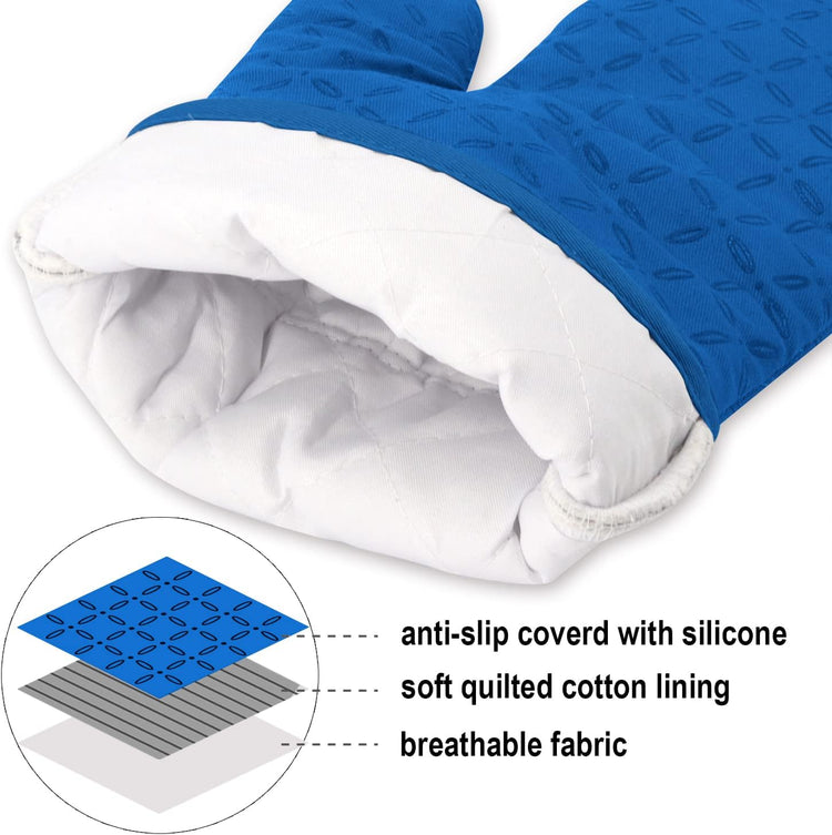 KEGOUU Oven Mitts and Pot Holders 6pcs Set, Kitchen Oven Glove High Heat Resistant 500 Degree Extra Long Oven Mitts and Potholder with Non-Slip Silicone Surface for Cooking (Royal Blue)