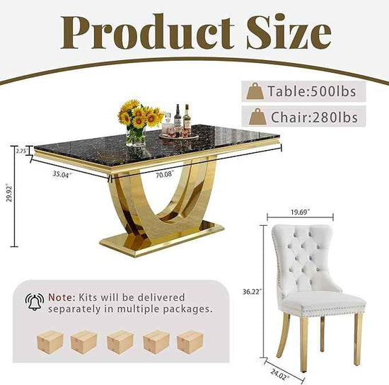 Marble Dining Table Set for 6,70" Black Faux Marble Kitchen Tables and Velvet Chairs for 6,7 Piece Luxury Dining Room Table Set and 6 Upholstered Chairs with Gold Stainless Steel Bases