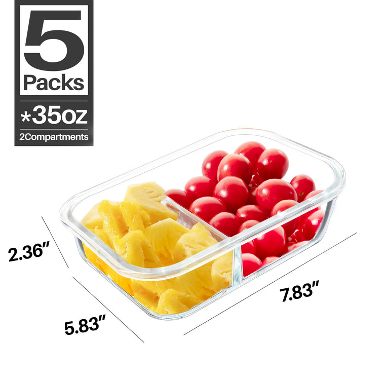 5 Pack 35 Oz Glass Meal Prep Containers 2 Compartments (5 Count)