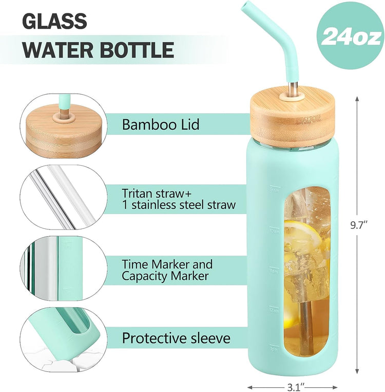 Glass Water Bottle with Straw, 24oz Glass Drinking Bottle with 2 Lids-Bamboo and Spout Lid with Phone Holder Handle for Gym Sports,with Silicone Sleeve and Time Marker,Mint Green