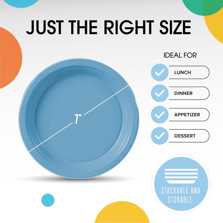 Exquisite Party Solids Light Blue Plastic Plates For Party 7" Light Blue Disposable Plates Heavy Duty Supplies 100 Pcs Plastic Dinnerware Sets Heavy Duty 350 GSM Disposable Dinnerware Set
