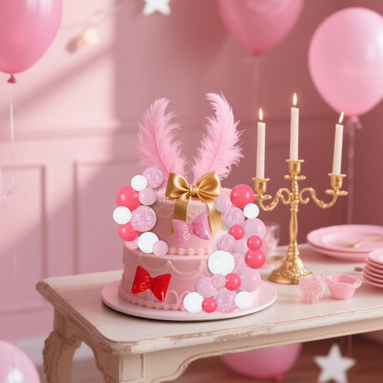 42 pcs Foam Ball Cake Toppers with Sticks Includes 2 Bow Cake Decor Perfect for Birthday Party Pink&White Theme Party Decor Wedding Anniversary Celebration (42 Count)