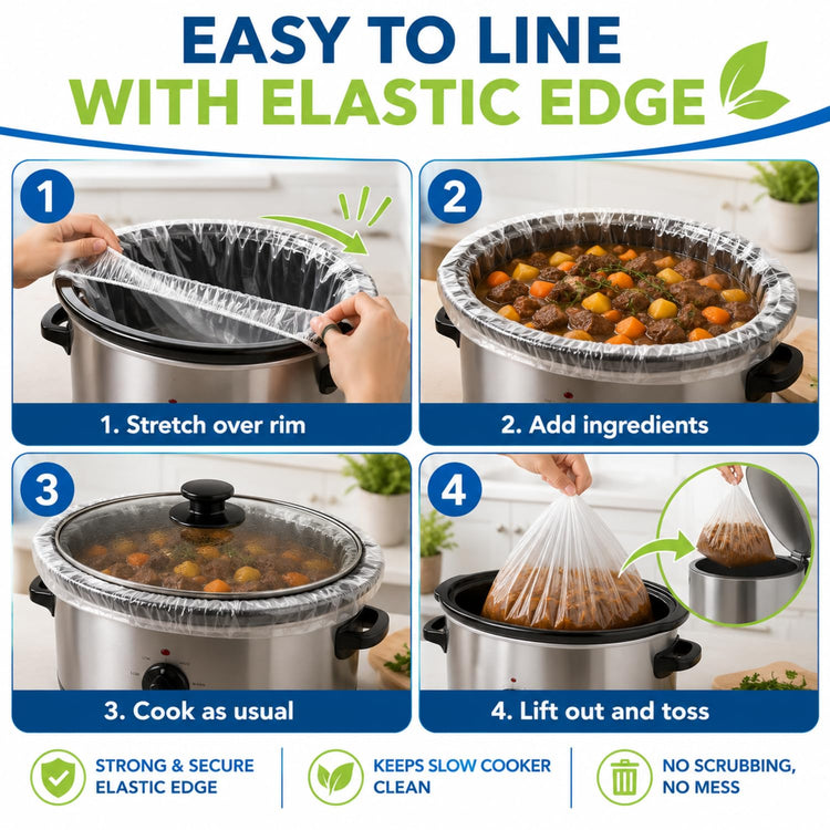 50 Pcs Slow Cooker Liners with Elastic Band Large 13" x 21" Cooking Bags Disposable Pot Liners Fit 3 Qt to 6.5 Qt Large Slow Cooker Cooking Bags Suitable for Oval and Round Pots