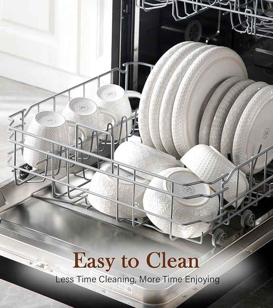 24 Piece Dinnerware Sets for 8 - Farmhouse Style Stoneware Plates and Bowls Sets - Scratch Resistant & Dishwasher Safe, Embossed Boho Ceramic Dish Set, Stack Compactly Dishware - Vintage White