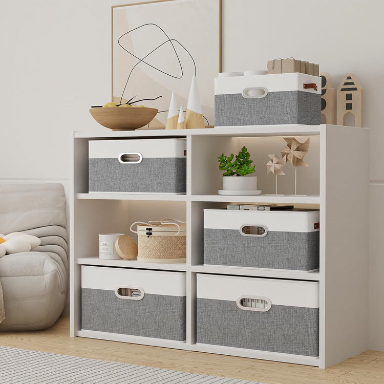 Yawinhe Fabric Storage Baskets, Foldable Closet Organizer for Shelves, Large Boxes with 3 Handles, Canvas Bins for Clothes, White/Grey, 12.99''Lx9.05''Wx7.87''H, 6-Pack
