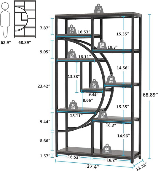 Tribesigns Bookshelf Industrial 5 Tier Etagere Bookcase, Freestanding Tall Bookshelves Display Shelf Storage Organizer with 9-Open Storage Shelf for Living Room, Bedroom, 2 Pack (Gray, 2 Pack)
