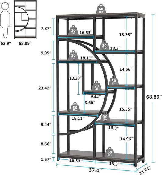 Tribesigns Bookshelf Industrial 5 Tier Etagere Bookcase, Freestanding Tall Bookshelves Display Shelf Storage Organizer with 9-Open Storage Shelf for Living Room, Bedroom